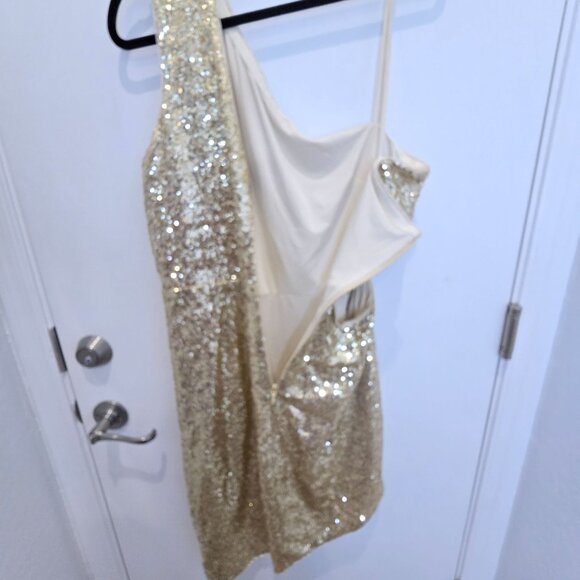BCBGMAXAZRIA Gold Sequin One-Shoulder Mini Dress Draped Detailing Side Cutout XL - Picture 9 of 16
